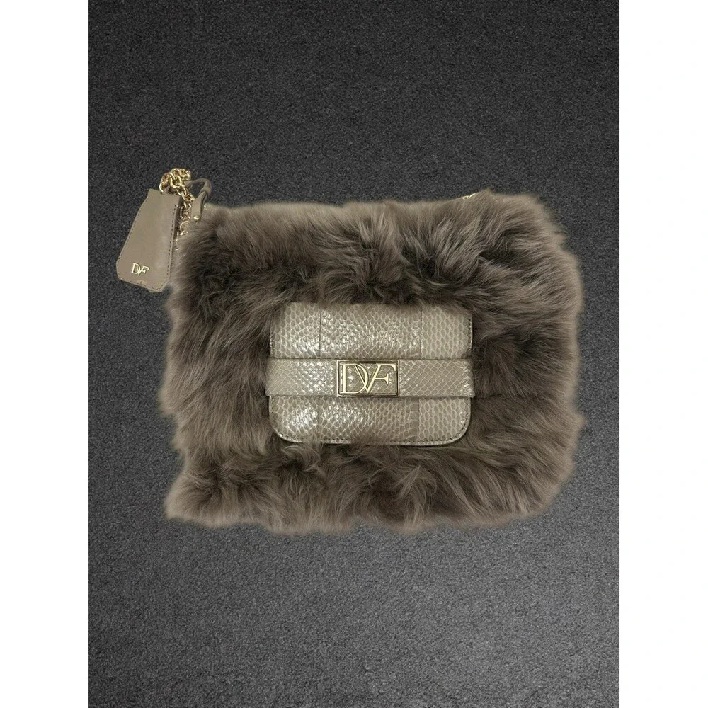 DVF Diane von Furstenberg Mimosa Fur Clutch Snakeskin Leather Crossbody Bag Tan